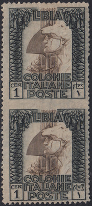 LIbia44 - 1921 - Pittorica di Libia c. 1 bruno e nero dent. 13 3/4 x 14 con varietà coppia verticale non dentellata al centro nuova gomma integra (21l)