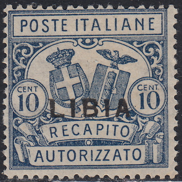 Libia5 - 1929 - Francobollo di Recapito Autorizzato di Regno soprastampato LIBIA c. 10 azzurro dentellatura 14 nuovo con gomma oriignale (2)