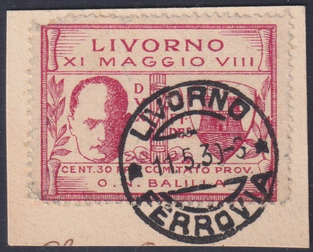 Liv2 - 1930 - Livorno, Mussolini Opera Nazionale Balilla c. 30 rosa lilla usato su frammento 11/5/1930 (1)