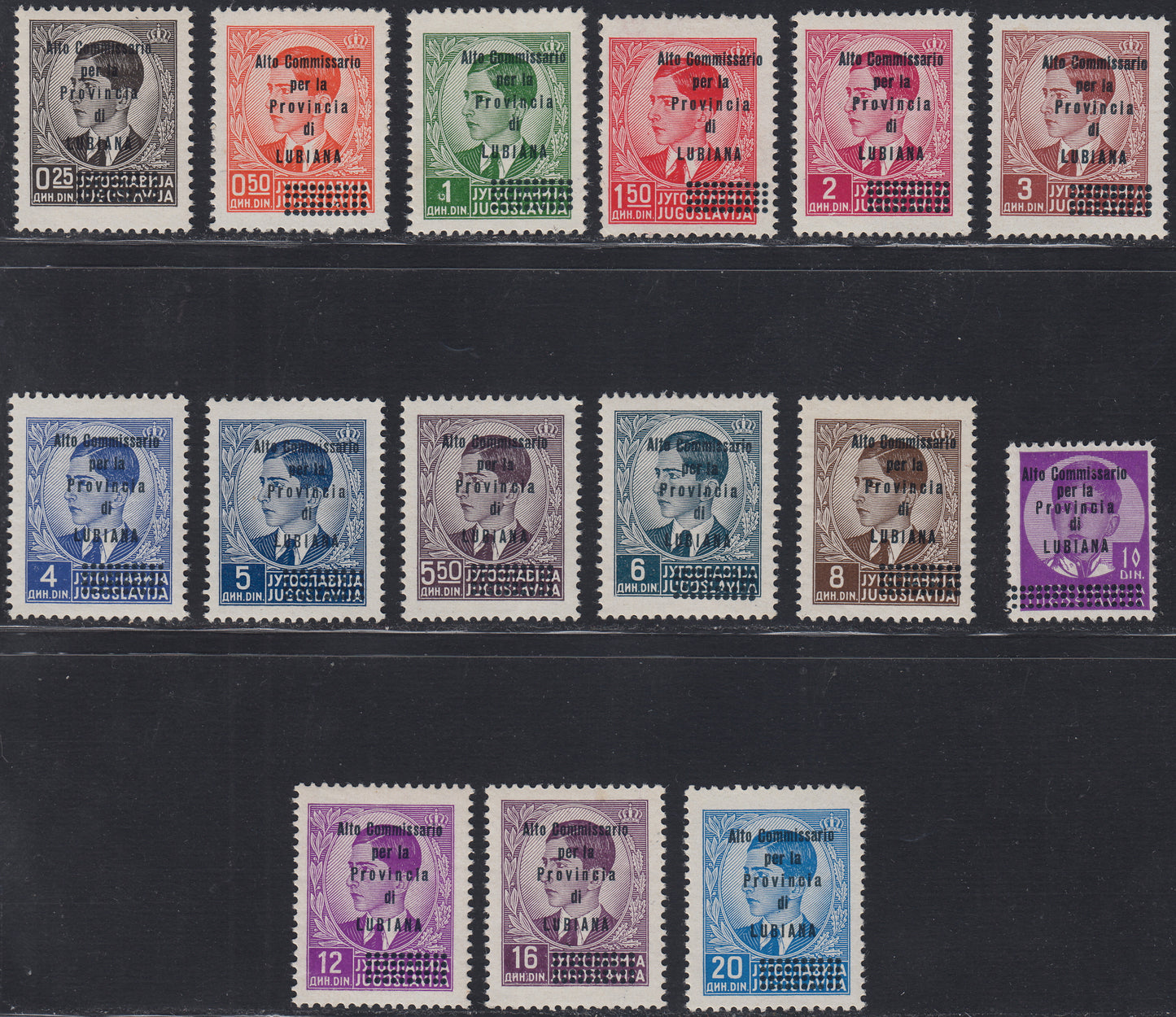 Lub69 - 1941 - Italian occupation of Ljubljana, set of 15 stamps with overprint "High Commissioner / for the / province / of / LJUBLJANA" new with original gum (42/56).