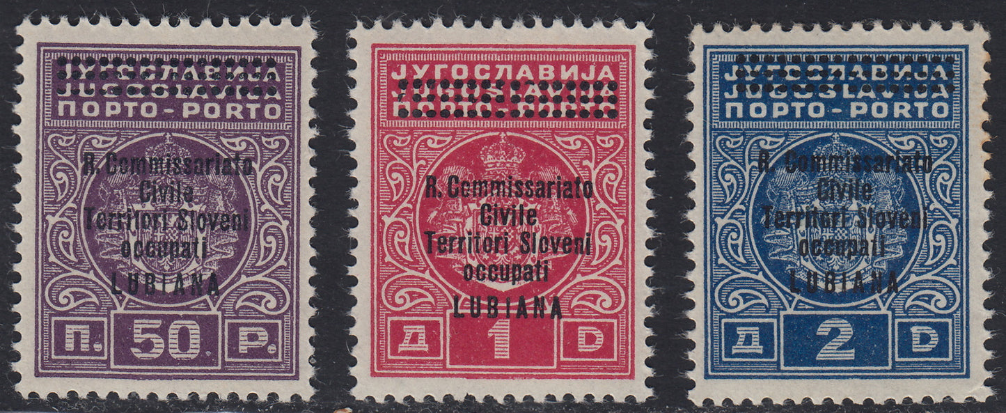 Lub70 - 1941 - Italian occupation of Ljubljana, tax postmarks with modified overprint, set of 3 values, complete, new, intact (11/13)