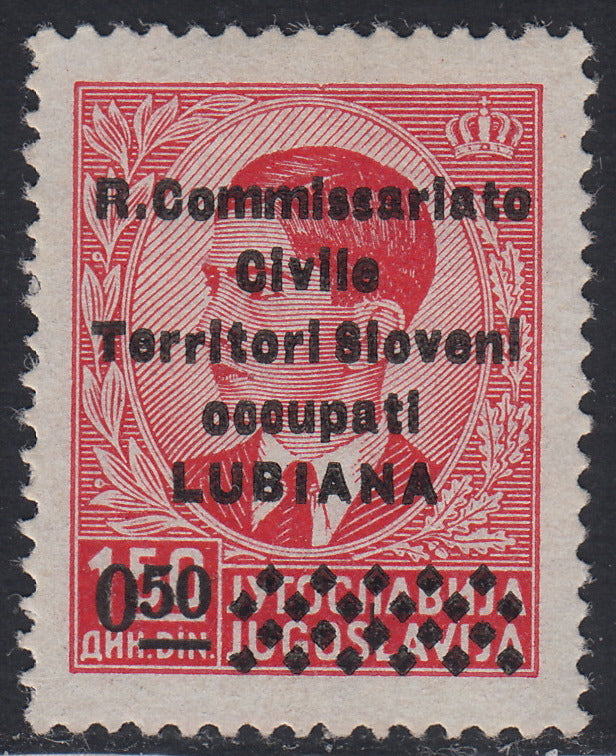 Lub71 - 1941 - Occupazione Italiana della Lubiana, francobollo di Jugoslavia con nuovo valore in soprastampa 0,50 su 1,50d. rosso e riga tipografica in basso, doppia soprastampa preesistente nuovo integro (39g). nuovo gomma integra (3Bb) (11/13)
