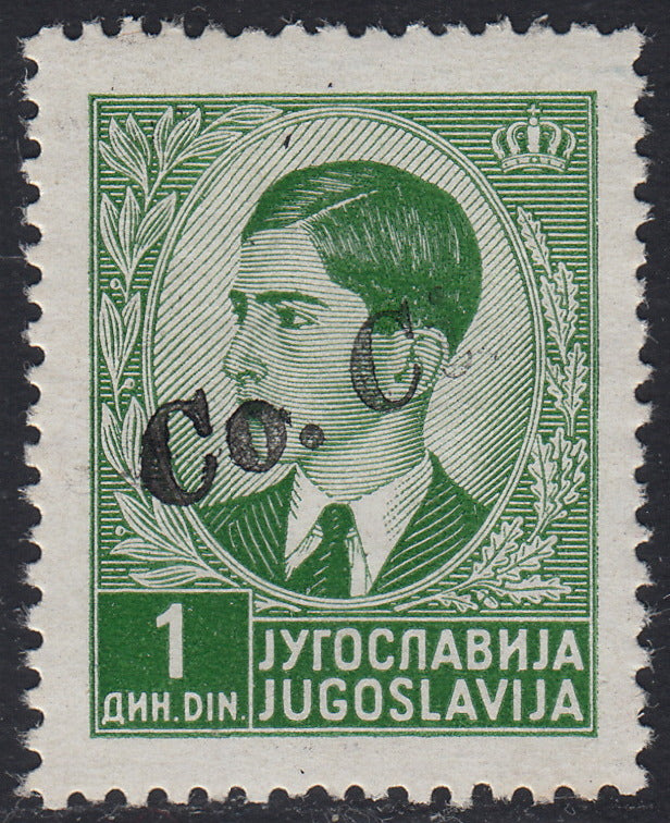 Lub72 - 1941 - Italian occupation of Ljubljana, 1d Yugoslavia stamp. yellow green with CoCi hand overprint. Large format, oblique, new intact gum (3Bb) (11/13)