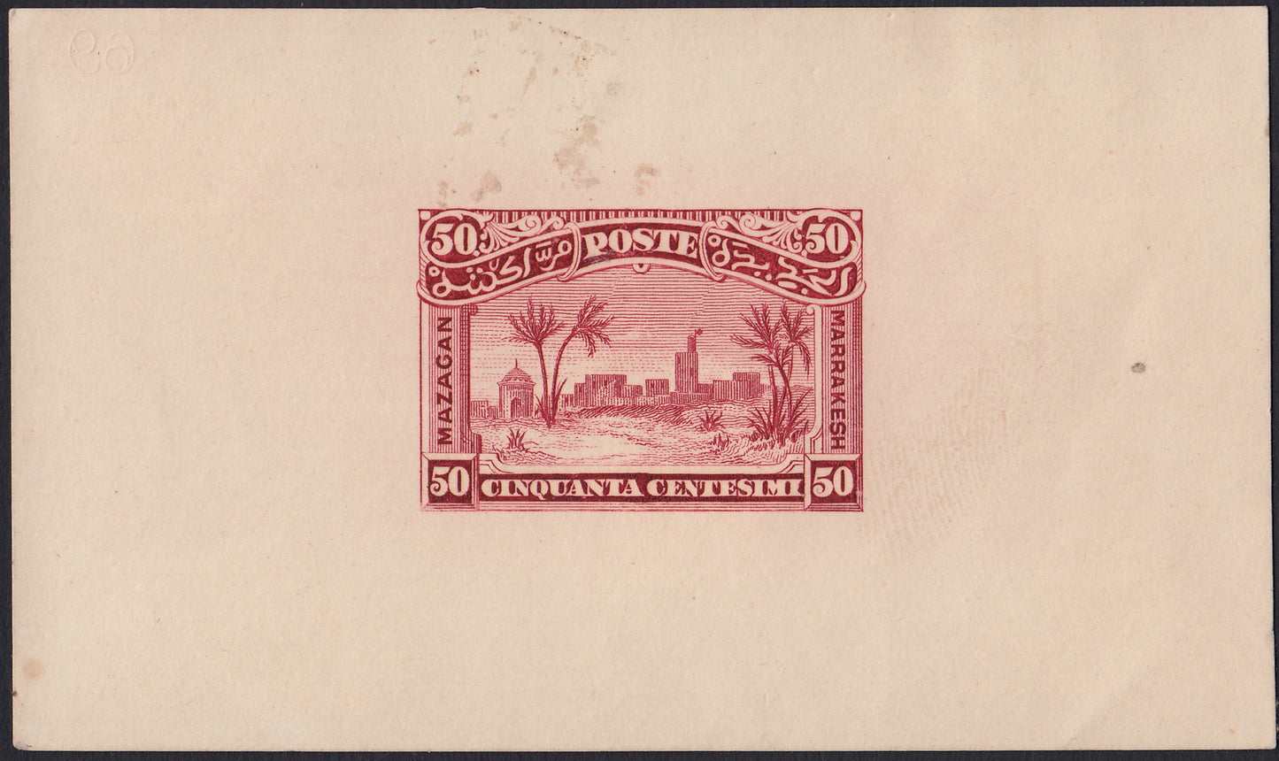 MAR10 - 1898 - Prove litografiche per i francobolli locali ad uso del servizio della Posta Consolare Anglo-Italiana tra Mazagan e Marrakech, 50c. rosa foglietto su carta sottile nuovo non gommato (CEI P4a)