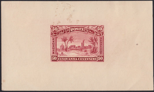 MAR10 - 1898 - Prove litografiche per i francobolli locali ad uso del servizio della Posta Consolare Anglo-Italiana tra Mazagan e Marrakech, 50c. rosa foglietto su carta sottile nuovo non gommato (CEI P4a)