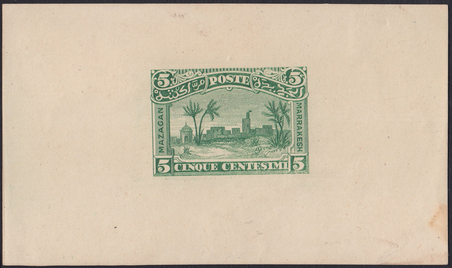 F6_214 - 1898 - Lithographic proofs for local stamps for use by the Anglo-Italian Consular Post service between Mazagan and Marrakech, 5c. Ultramarine on thin paper, 25c. Olive green and 50c. Myrtle green on pink cardboard, new, not gummed.