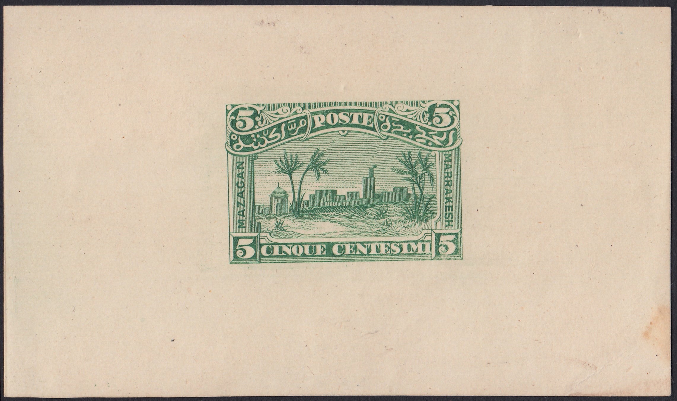 F6_214 - 1898 - Lithographic proofs for local stamps for use by the Anglo-Italian Consular Post service between Mazagan and Marrakech, 5c. Ultramarine on thin paper, 25c. Olive green and 50c. Myrtle green on pink cardboard, new, not gummed.