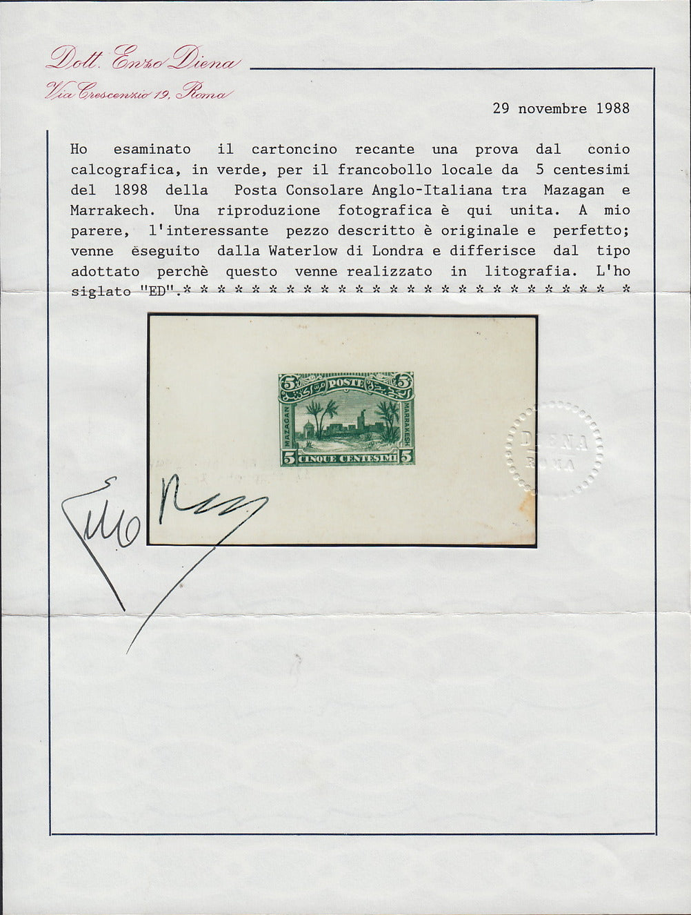 F6_214 - 1898 - Lithographic proofs for local stamps for use by the Anglo-Italian Consular Post service between Mazagan and Marrakech, 5c. Ultramarine on thin paper, 25c. Olive green and 50c. Myrtle green on pink cardboard, new, not gummed.