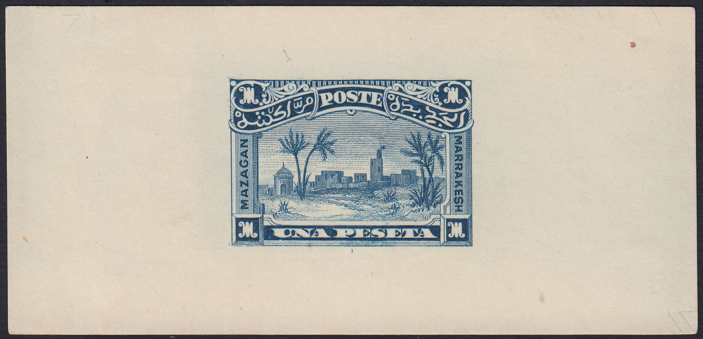 MAR13 - 1898 - Prove litografiche per i francobolli locali ad uso del servizio della Posta Consolare Anglo-Italiana tra Mazagan e Marrakech, £.1. azzurro ardesia foglietto su carta sottile nuovo non gommato (CEI P7)