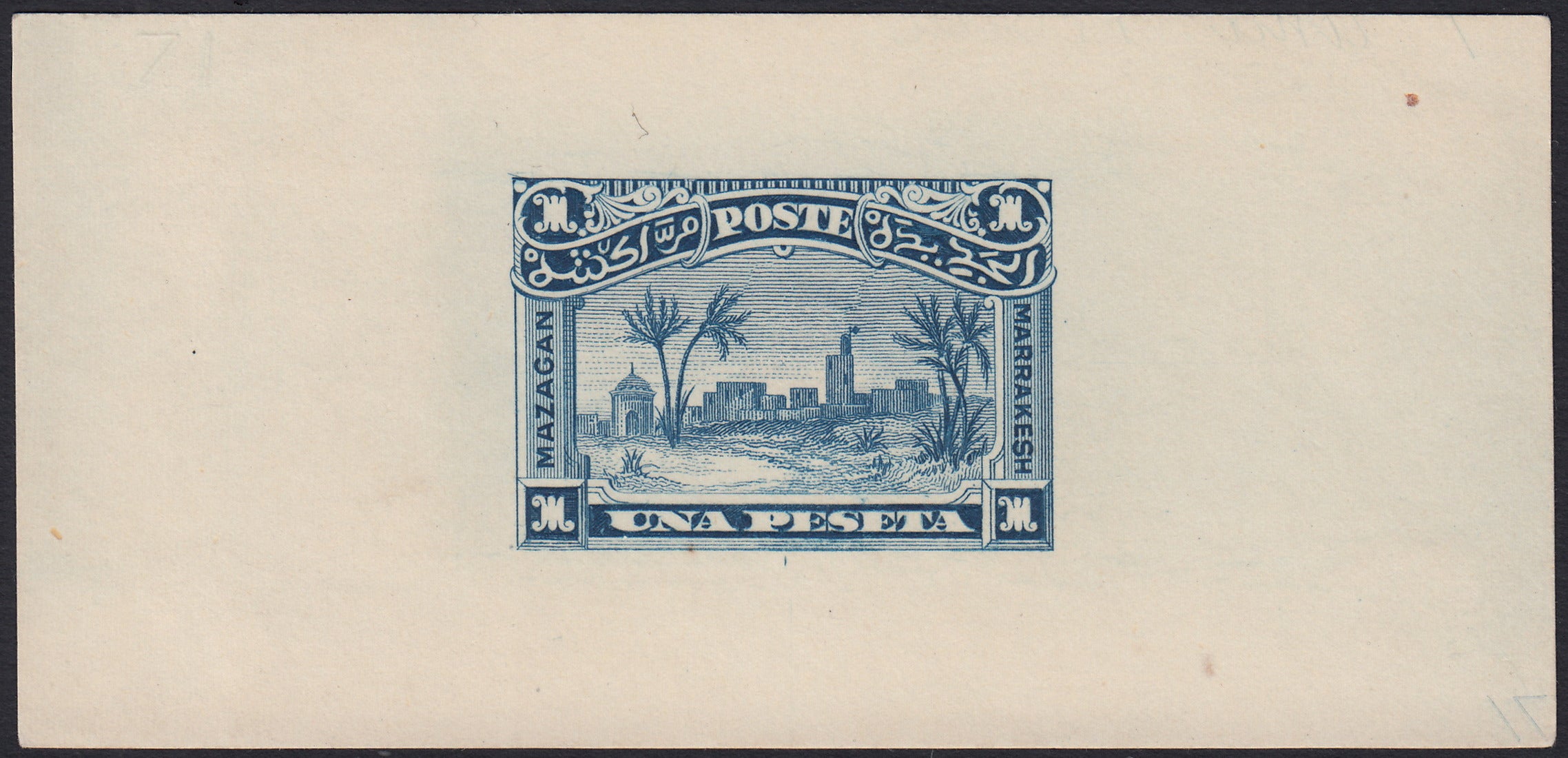 F6_214 - 1898 - Lithographic proofs for local stamps for use by the Anglo-Italian Consular Post service between Mazagan and Marrakech, 5c. Ultramarine on thin paper, 25c. Olive green and 50c. Myrtle green on pink cardboard, new, not gummed.