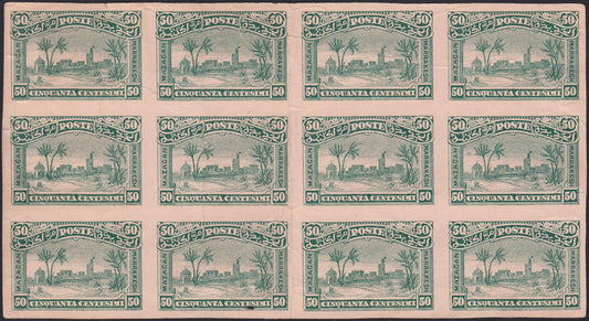 F6_214 - 1898 - Lithographic proofs for local stamps for use by the Anglo-Italian Consular Post service between Mazagan and Marrakech, 5c. Ultramarine on thin paper, 25c. Olive green and 50c. Myrtle green on pink cardboard, new, not gummed.