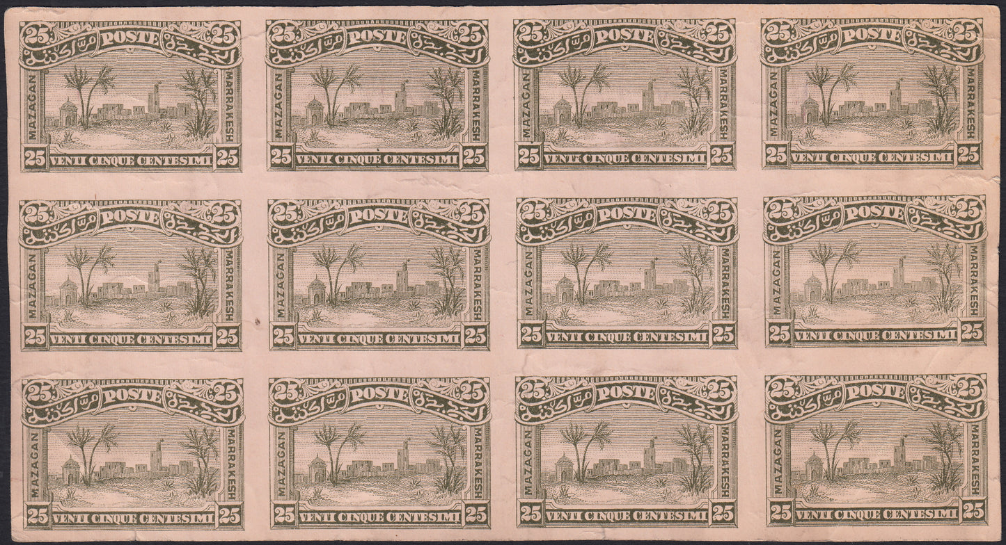 MAR2 - 1898 - Prove litografiche per i francobolli locali ad uso del servizio della Posta Consolare Anglo-Italiana tra Mazagan e Marrakech, 25c. verde oliva foglietto di 12 esemplari su carta sottile nuovo non gommato (CEI P3)