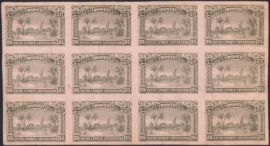 MAR2 - 1898 - Prove litografiche per i francobolli locali ad uso del servizio della Posta Consolare Anglo-Italiana tra Mazagan e Marrakech, 25c. verde oliva foglietto di 12 esemplari su carta sottile nuovo non gommato (CEI P3)