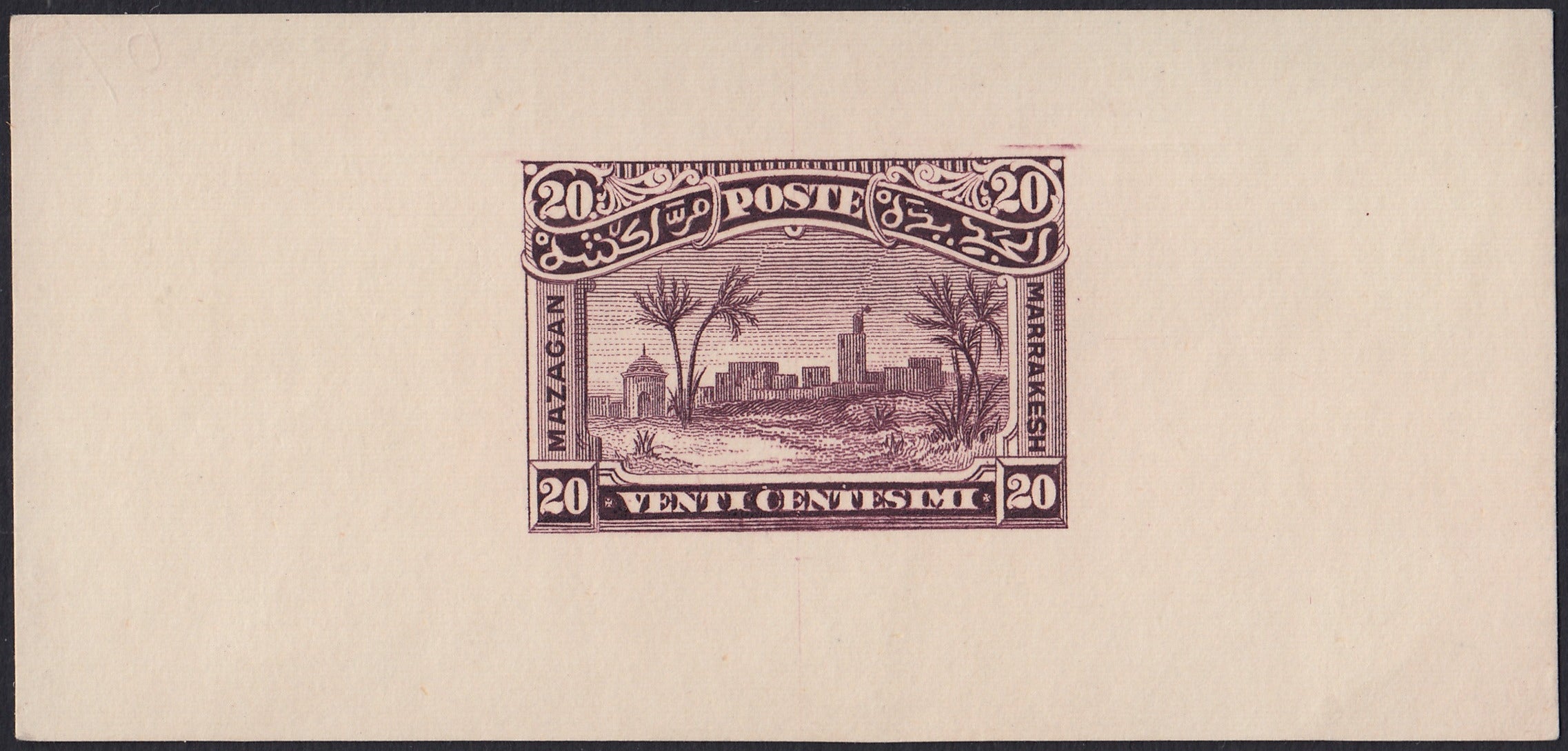 F6_214 - 1898 - Lithographic proofs for local stamps for use by the Anglo-Italian Consular Post service between Mazagan and Marrakech, 5c. Ultramarine on thin paper, 25c. Olive green and 50c. Myrtle green on pink cardboard, new, not gummed.