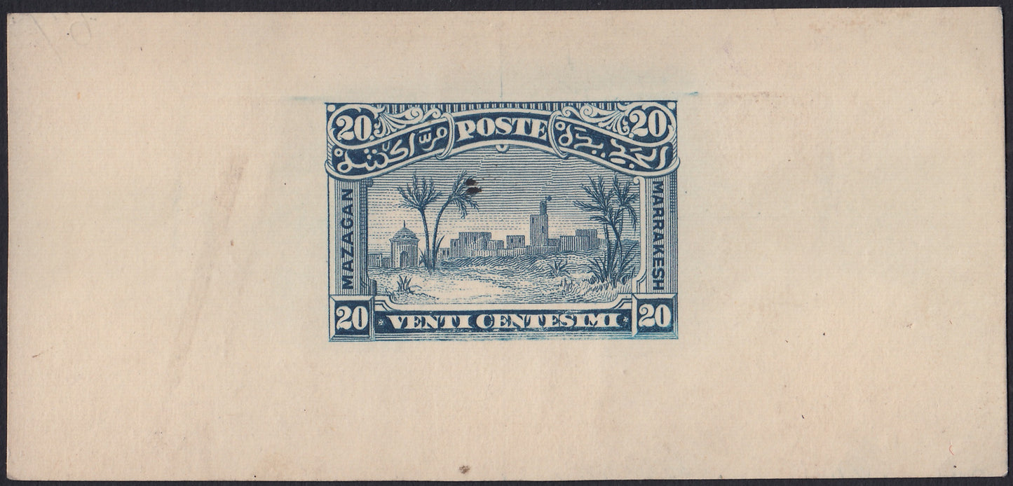 MAR4 - 1898 - Prove litografiche per i francobolli locali ad uso del servizio della Posta Consolare Anglo-Italiana tra Mazagan e Marrakech, 20c. azzurro foglietto su carta sottile nuovo non gommato (CEI PNCb)