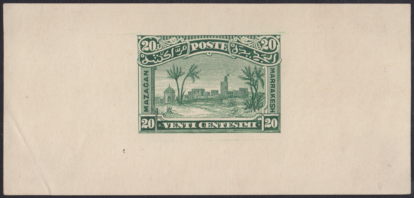 MAR5 - 1898 - Prove litografiche per i francobolli locali ad uso del servizio della Posta Consolare Anglo-Italiana tra Mazagan e Marrakech, 20c. verde foglietto su carta sottile nuovo non gommato (CEI PNC)