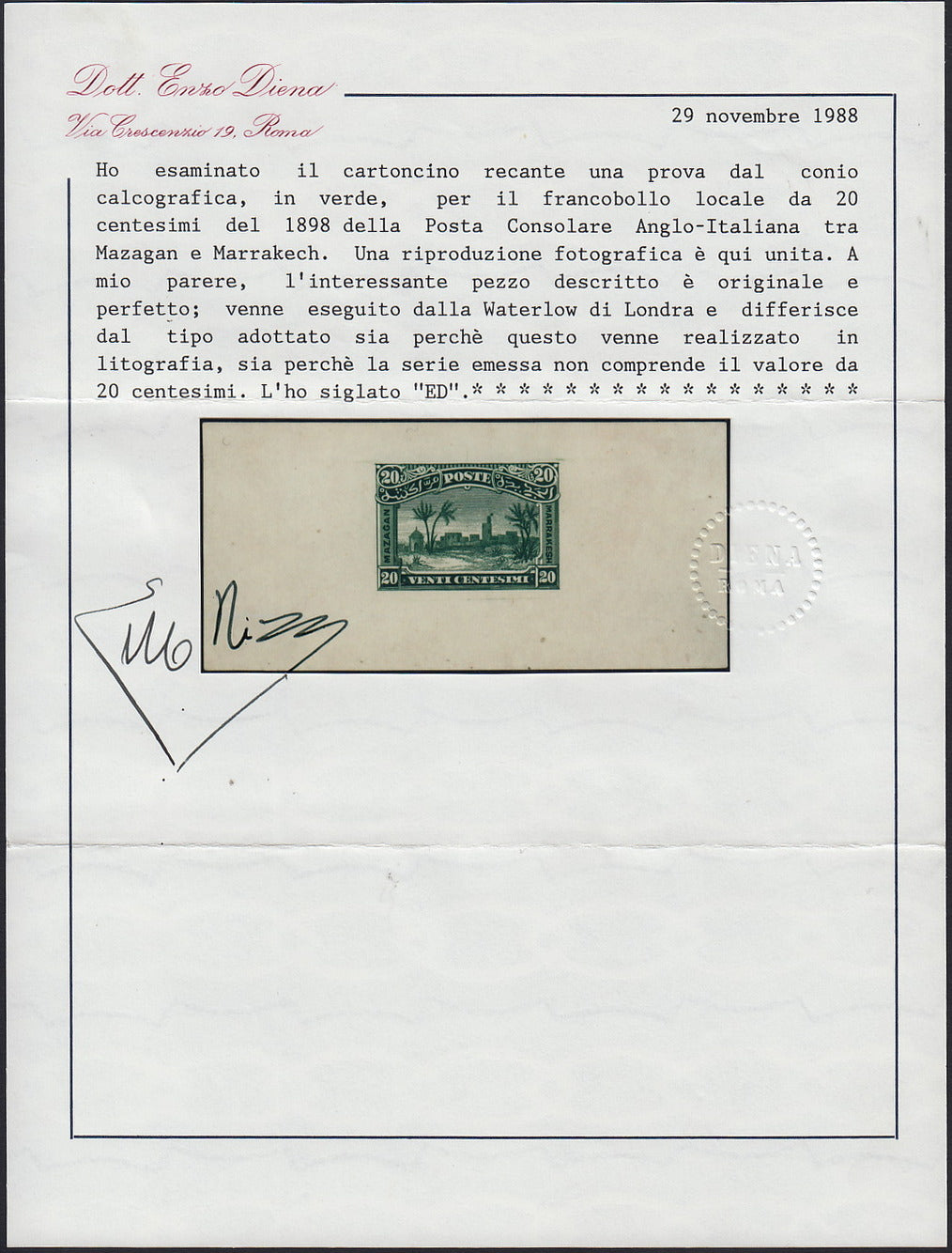 MAR5 - 1898 - Prove litografiche per i francobolli locali ad uso del servizio della Posta Consolare Anglo-Italiana tra Mazagan e Marrakech, 20c. verde foglietto su carta sottile nuovo non gommato (CEI PNC)