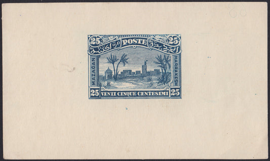 MAR7 - 1898 - Prove litografiche per i francobolli locali ad uso del servizio della Posta Consolare Anglo-Italiana tra Mazagan e Marrakech, 25c. azzurro foglietto su carta sottile nuovo non gommato (CEI P3a)