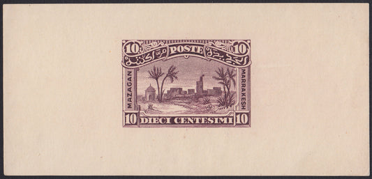 MAR8 - 1898 - Prove litografiche per i francobolli locali ad uso del servizio della Posta Consolare Anglo-Italiana tra Mazagan e Marrakech, 10c. bruno foglietto su carta sottile nuovo non gommato (CEI P2).