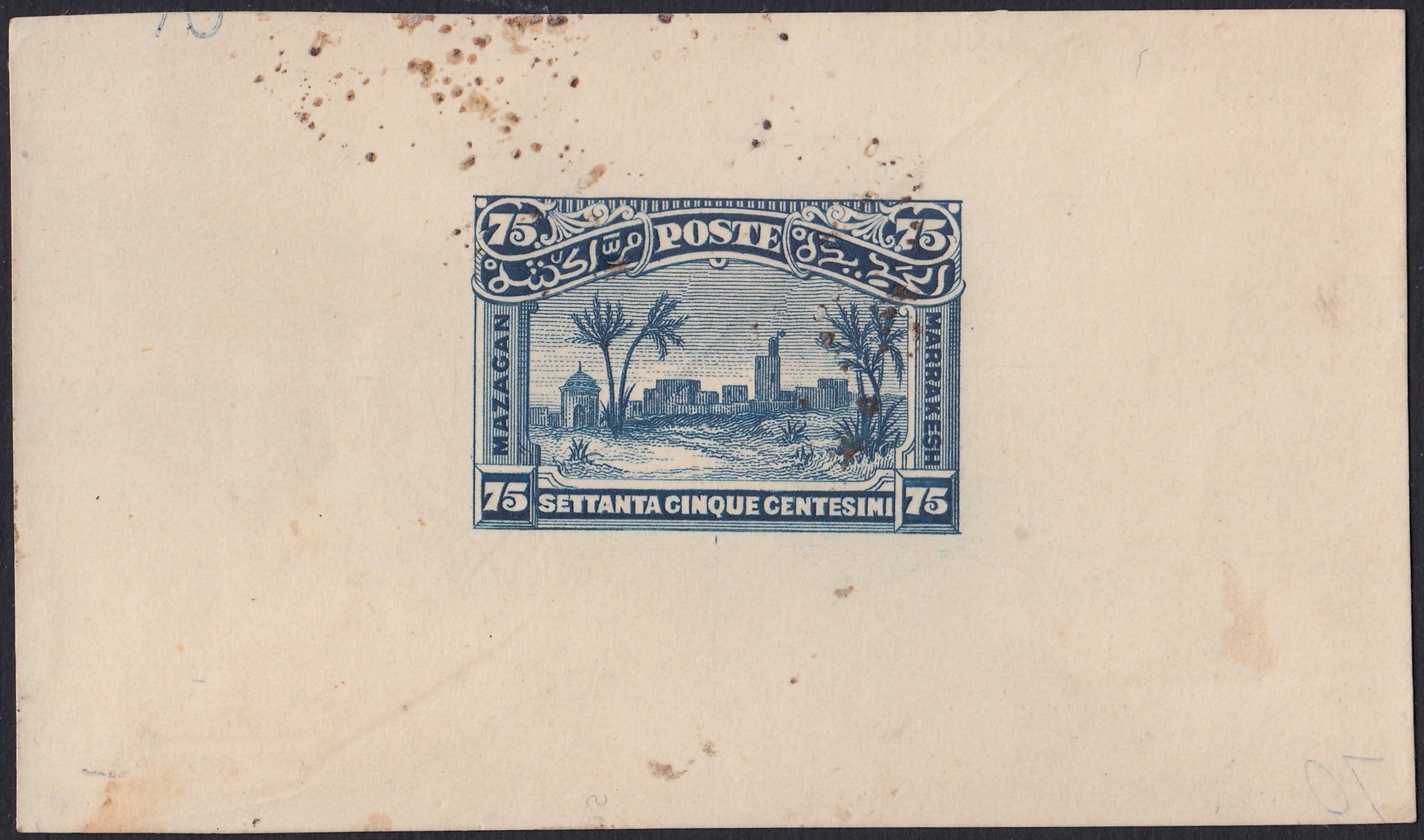 F6_214 - 1898 - Lithographic proofs for local stamps for use by the Anglo-Italian Consular Post service between Mazagan and Marrakech, 5c. Ultramarine on thin paper, 25c. Olive green and 50c. Myrtle green on pink cardboard, new, not gummed.