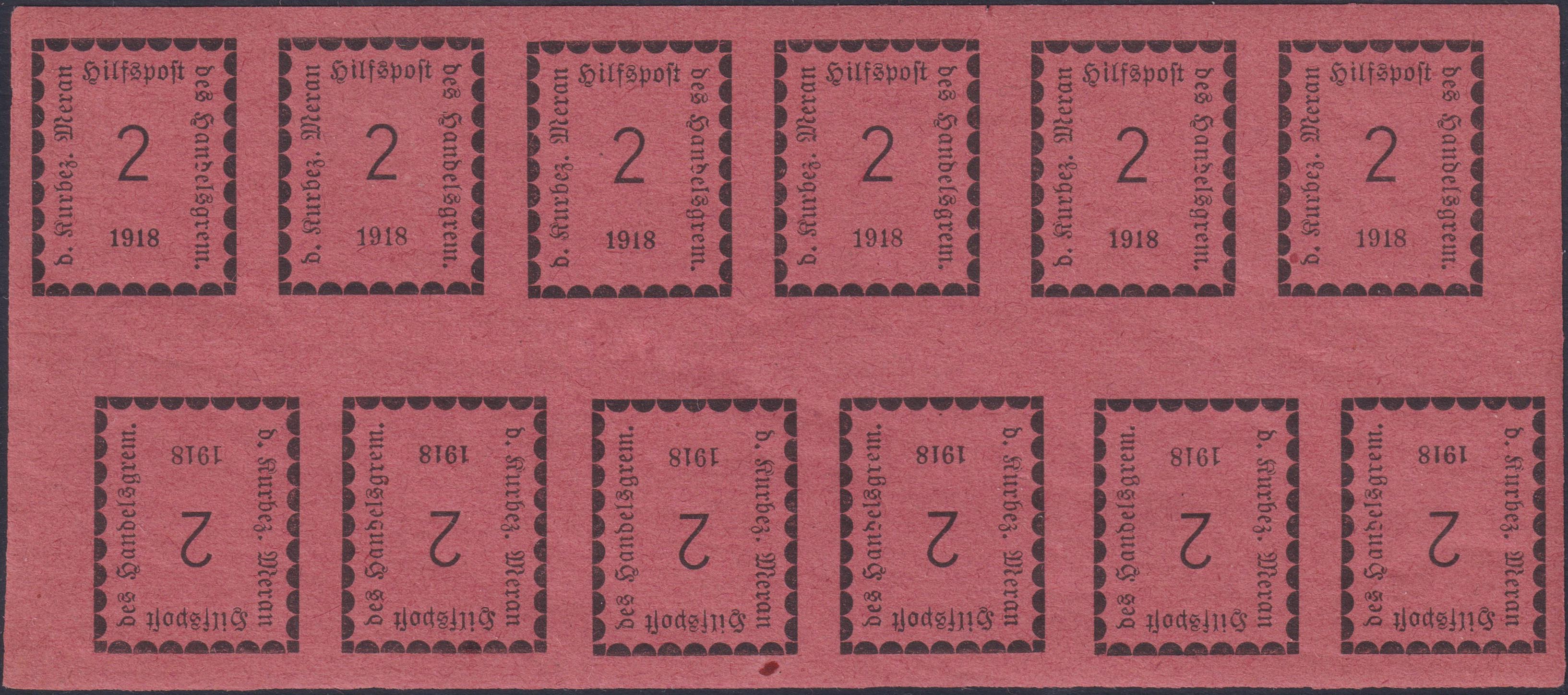MER16 - Merano, 1st issue, 2 pink heller sheets of 12 copies in two strips of six sheets, new with intact gum (1B)