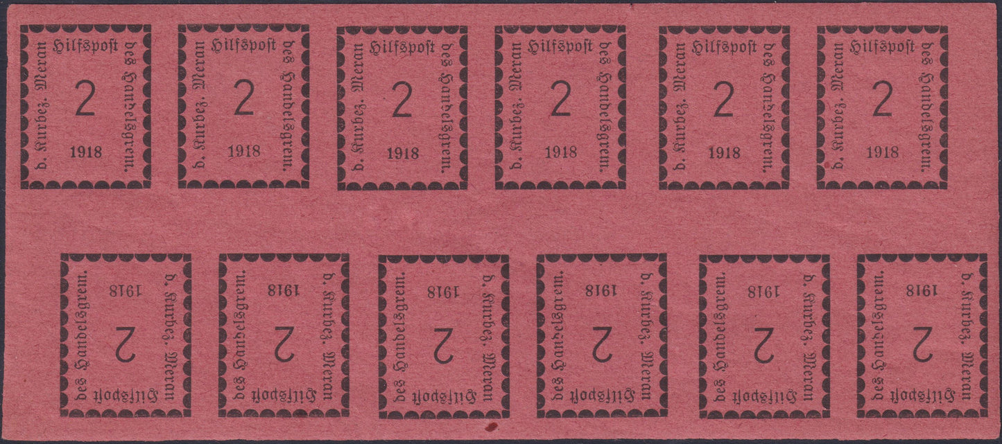 MER16 - Merano, 1er número, 2 hojas heller rosa de 12 ejemplares en dos tiras de seis hojas, nuevas con goma intacta (1B)