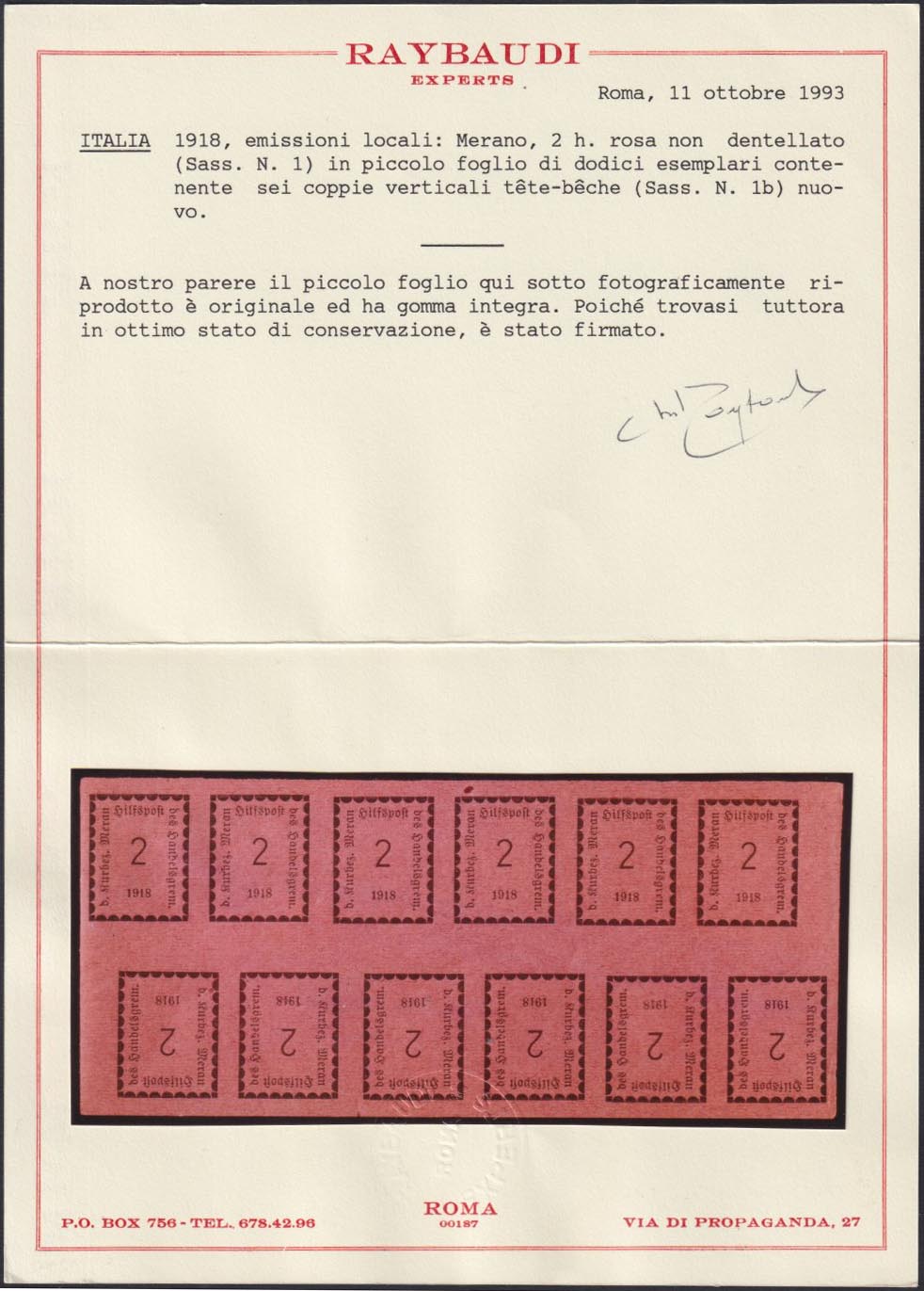 MER16 - Merano, 1st issue, 2 pink heller sheets of 12 copies in two strips of six sheets, new with intact gum (1B)