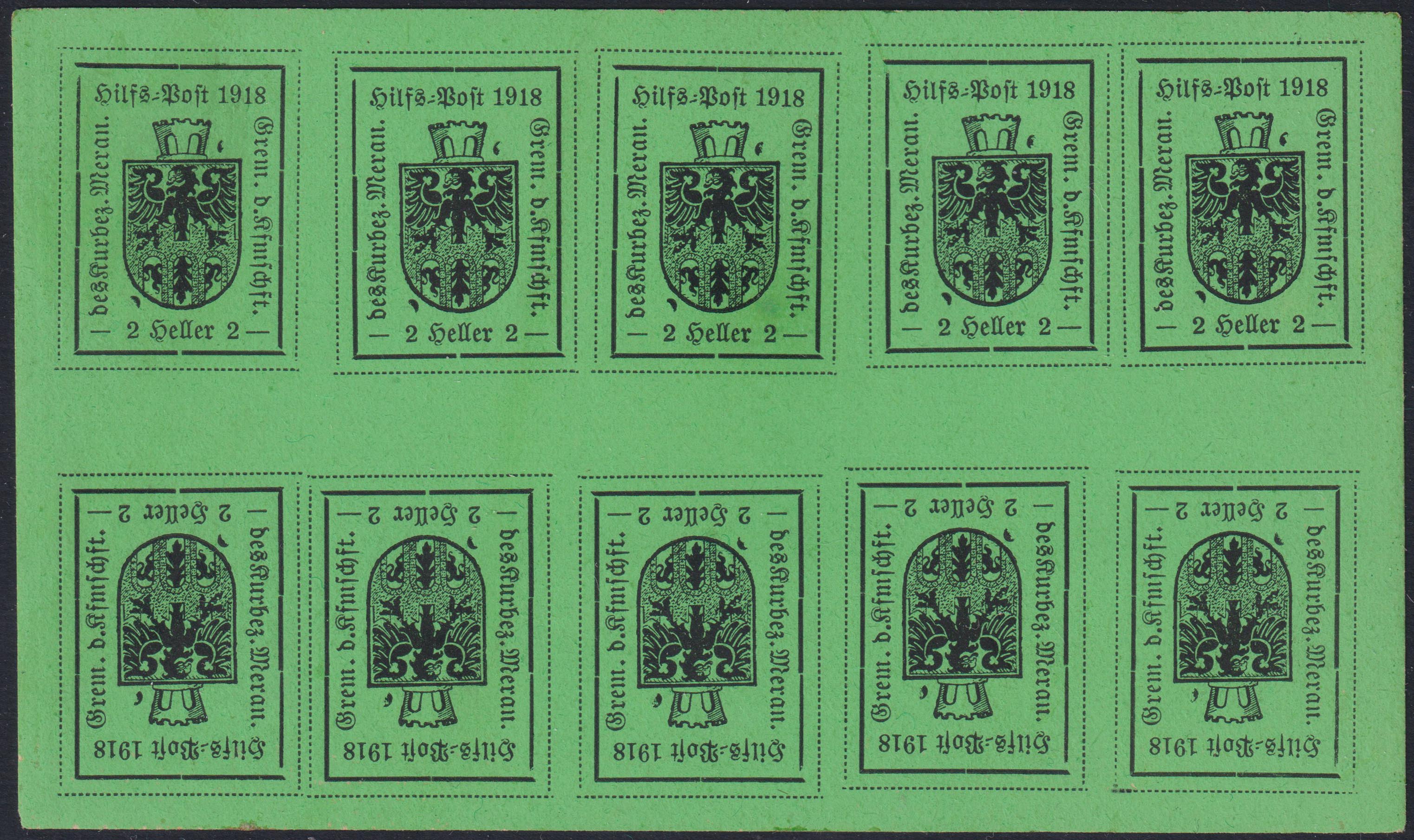 MER17 - Merano, 2 light green heller typographical print of the first type, minisheet of 10 copies, new with intact gum (4A).