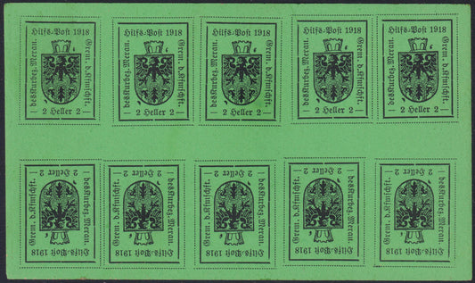 MER17 - Merano, 2 light green heller typographical print of the first type, minisheet of 10 copies, new with intact gum (4A).