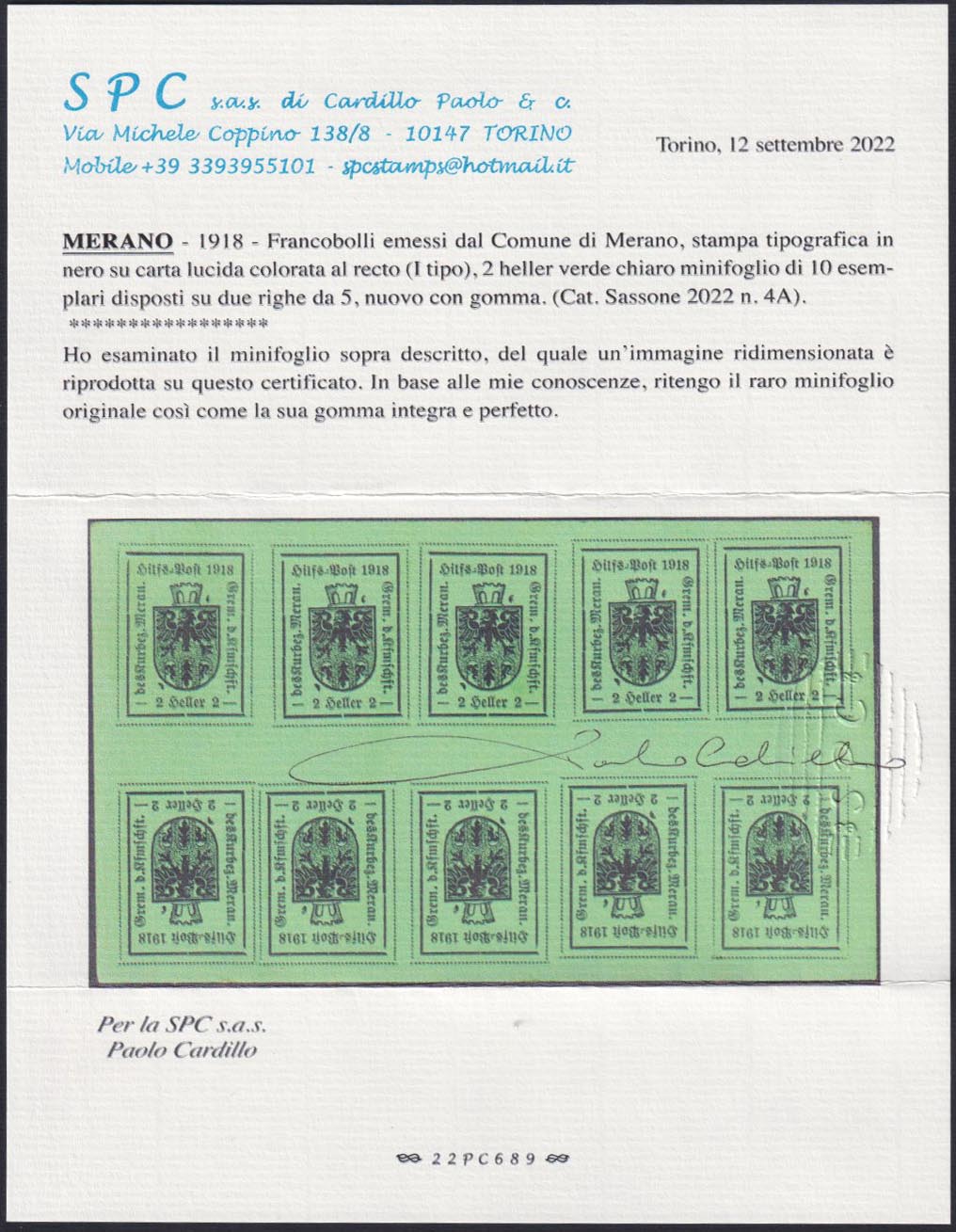 MER17 - Merano, 2 light green heller typographical print of the first type, minisheet of 10 copies, new with intact gum (4A).