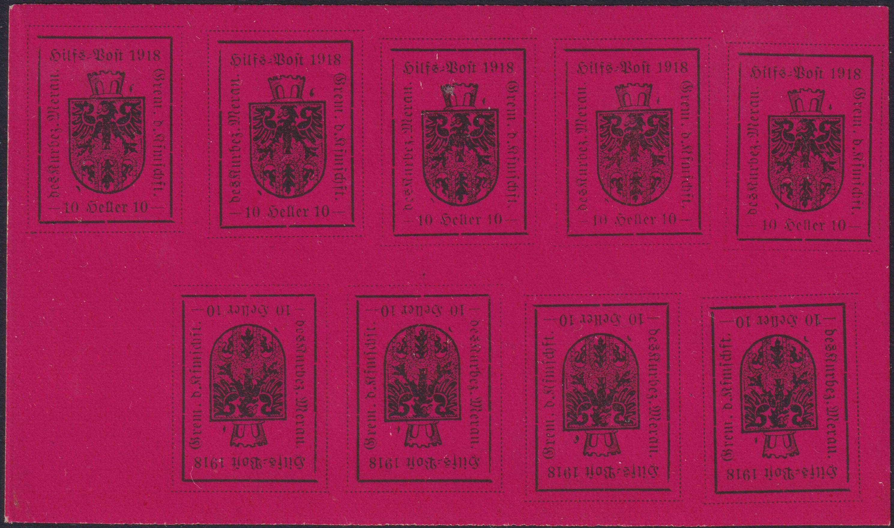 MER18 - Merano, 10 heller carminio lilla, stampa tipografica del I tipo, minifoglio di 9 esemplari nuovo con gomma integra, grande rarità (5).