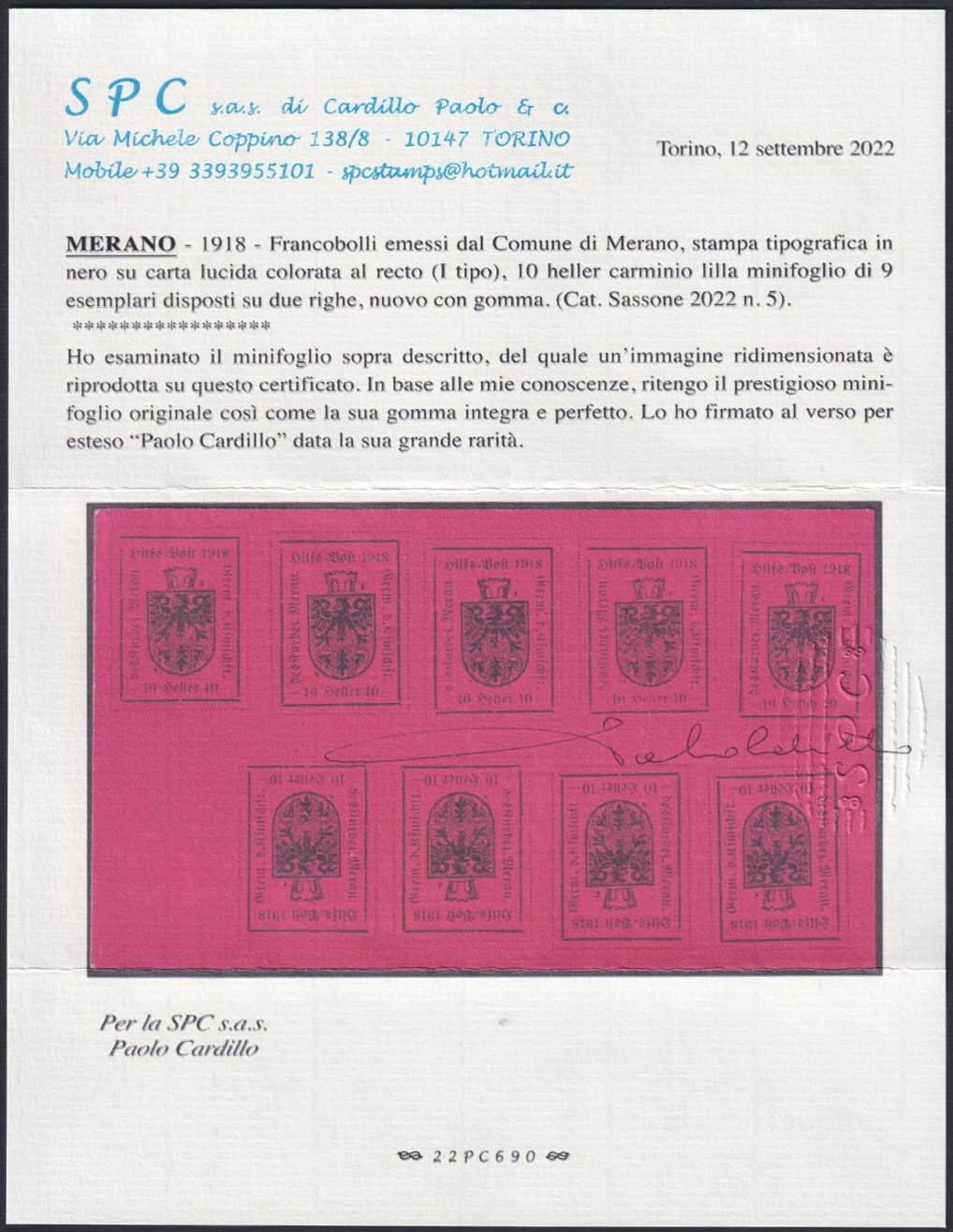 MER18 - Merano, 10 lila carmín heller, impresión tipográfica de 1er tipo, minihoja de 9 ejemplares nuevos con goma intacta, gran rareza (5).