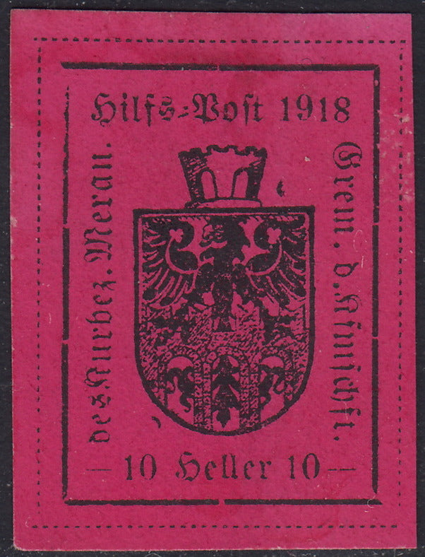 MER25 - 1918 - Merano, stampa tipografica colorata al recto, I tipo, 10 heller rosa nuovo senza gomma (5a)