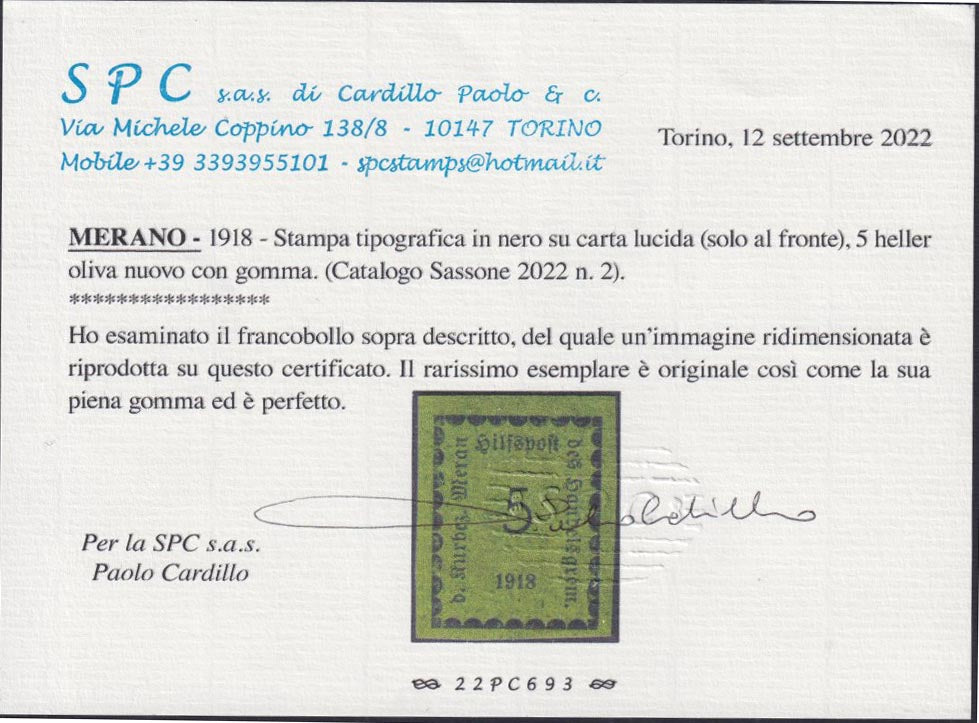 MER36 - 1918 - I emissione, 5 heller verde oliva, stampa in nero du carta colorata lucida, nuovo con gomma integra (2).