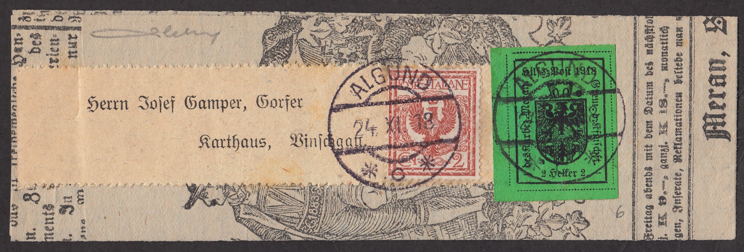 MERSP30 - 1918 - Fascetta per giornali affrancata con 2 heller verde II tipo + Italia Floreale c. 2 rosso bruno (6 + 69)