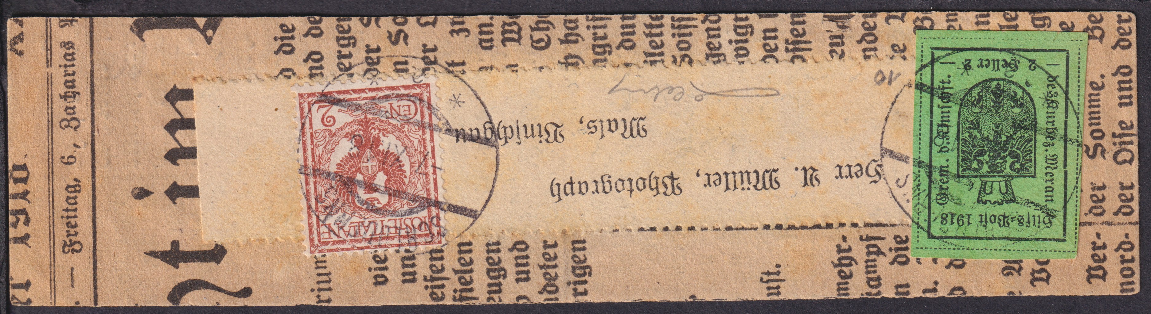 MERSP7 - 1918 - Fascetta per giornali affrancata con 2 heller verde giallo IV tipo + Italia Floreale c. 2 rosso bruno (10 + 69)