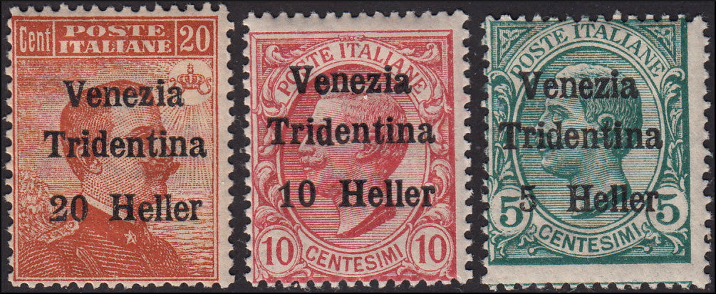 MMOCC_175 - 1918 - Francobolli di Regno soprastampati "Venezia Tridentina" e nuovo valore, serie completa di tre valori nuovi con gomma integra (28/30)