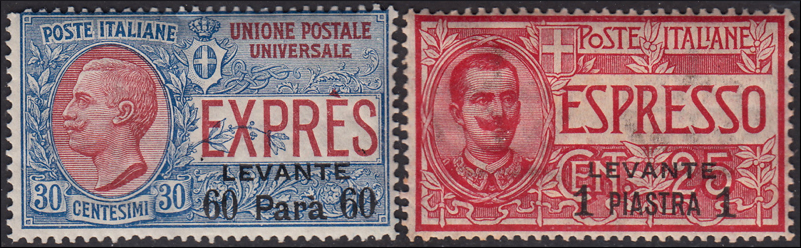 MMOCC_17 - 1908/10 - Uffici Postali all'Estero, emissioni per tutti gli uffici d'Europa e d'Asia, Espressi soprastampati "Levante" e valore locale nuovi gomma integra (1, 2)