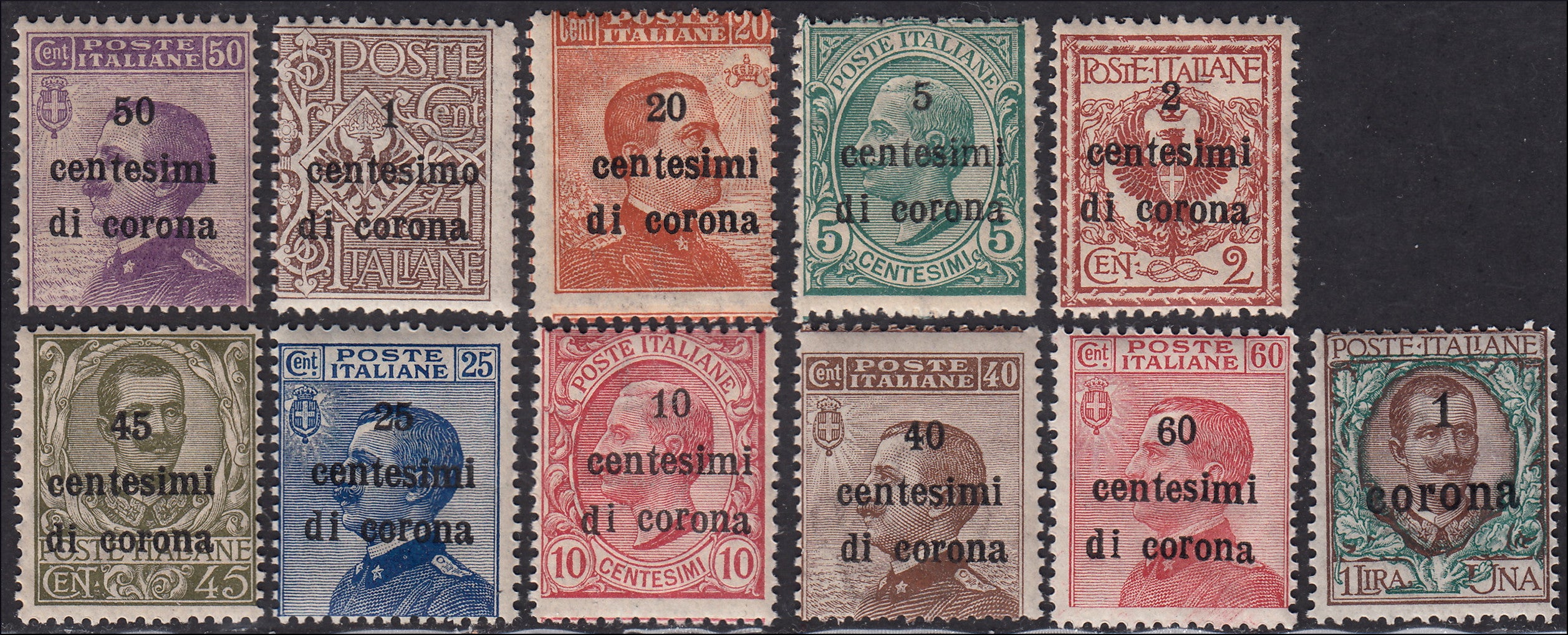 MMOCC188 - 1919 - Francobolli di Regno soprastampati con valori in centesimi di corona e corone, serie completa nuova gomma integra (1/11)