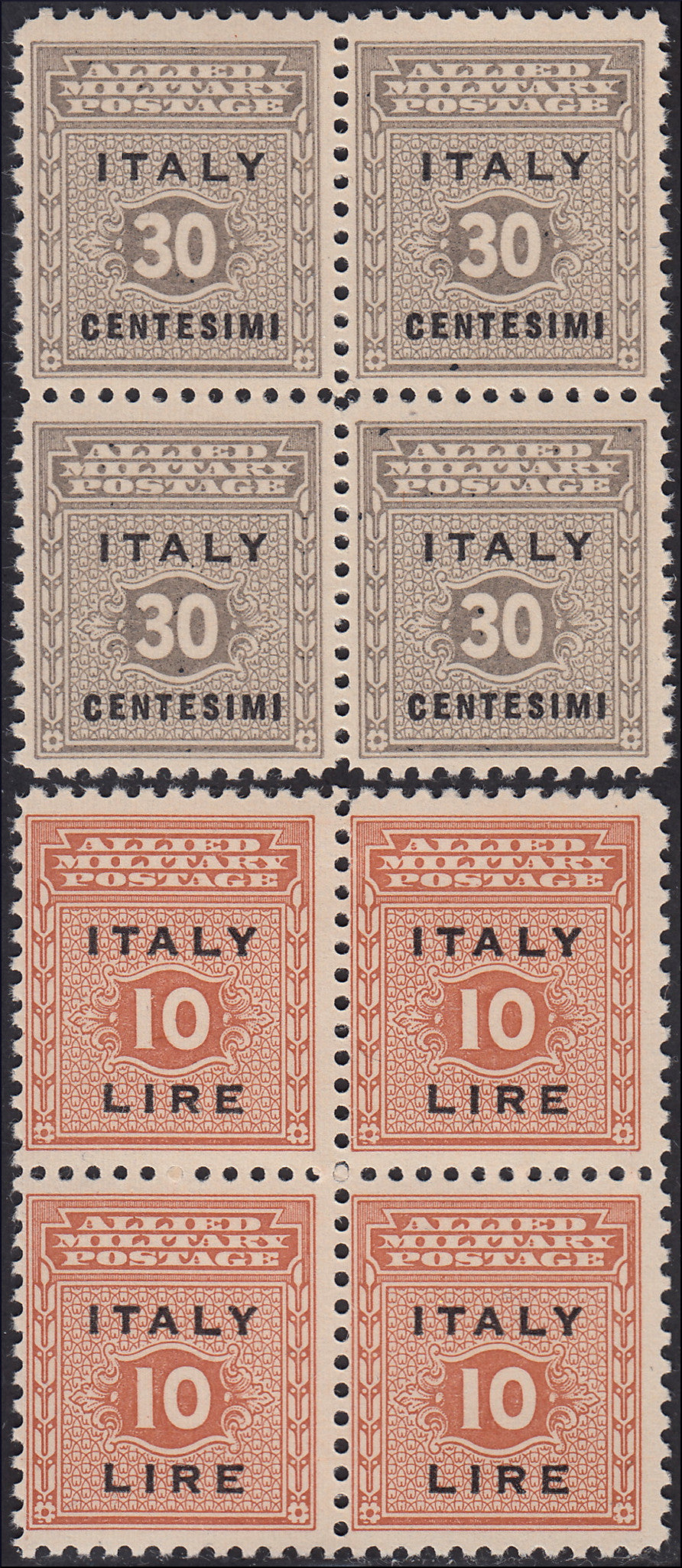 MMOCC221 - 1943 Occupazione Anglo-Americana della Sicilia, serie completa di nove valori in quartine nuova con gomma integra (1/9)