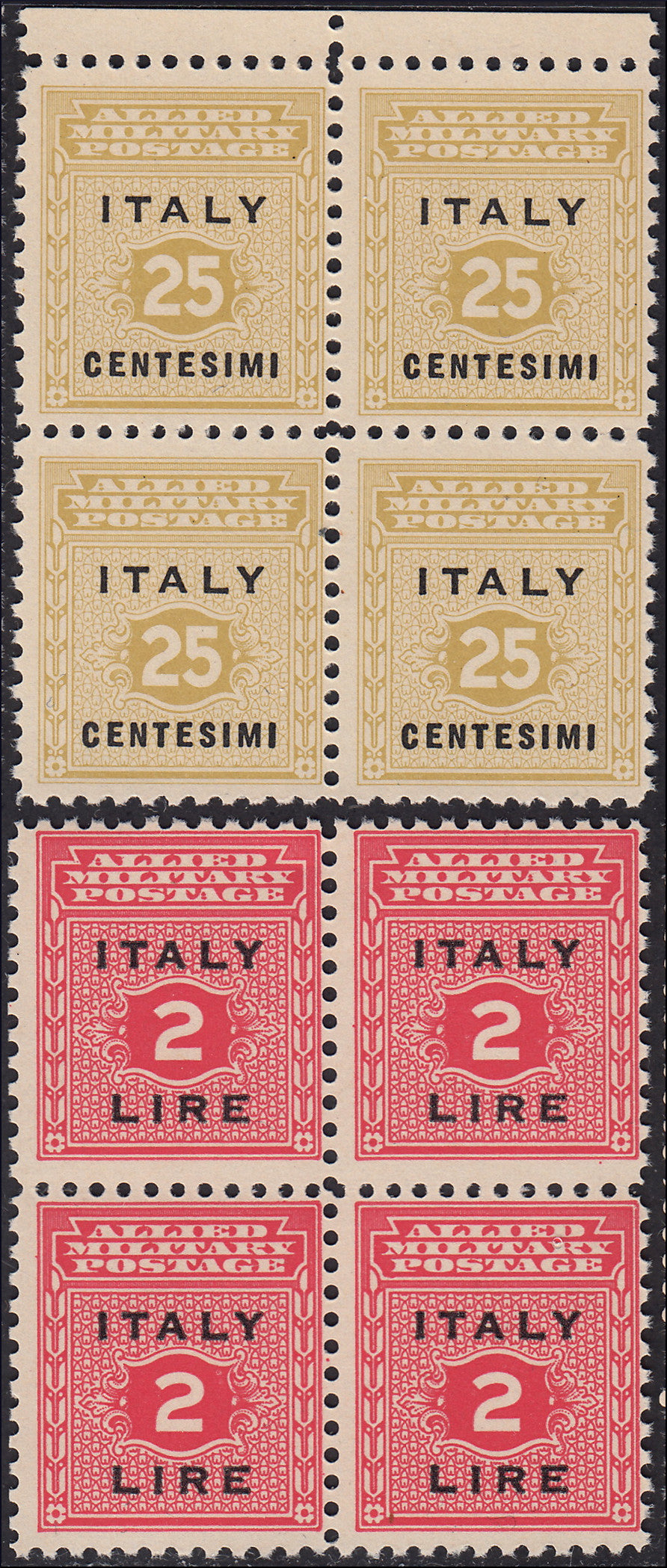 MMOCC221 - 1943 Occupazione Anglo-Americana della Sicilia, serie completa di nove valori in quartine nuova con gomma integra (1/9)