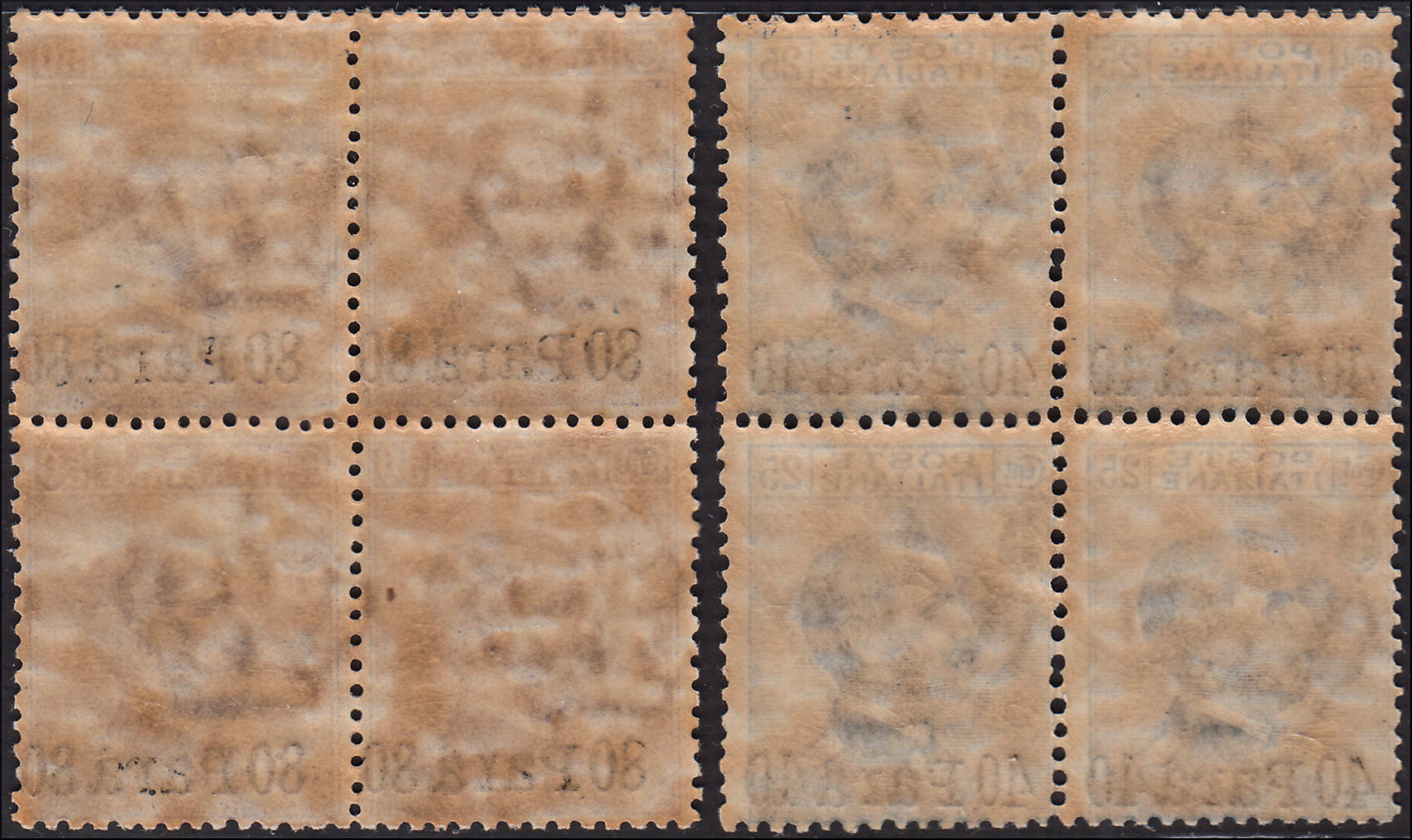 MMOCC_4 - 1908 - Uffici Postali all'Estero, emissioni per tutto gli uffici d'Europa e d'Asia, emissione Michetti 25c. azzurro e 50c. violetto con soprastampa in valuta locale, quartine nuove gomma integra (1, 2)