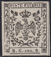 MOD100 - 1854 - Aquila estense, francobollo per giornali b.g. cen.9 lettere piccole prova su carta bianca porosa nuova non gommata (P34)