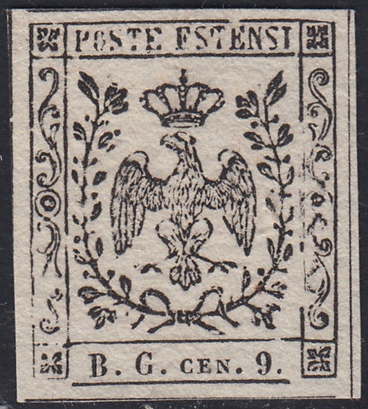 MOD100 - 1854 - Aquila estense, francobollo per giornali b.g. cen.9 lettere piccole prova su carta bianca porosa nuova non gommata (P34)