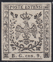 MOD101 - 1854 - Aquila estense, francobollo per giornali b.g. cen.9 lettere piccole prova su carta bianca porosa nuova non gommata (P34)