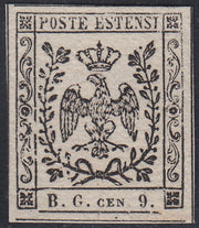MOD102 - 1854 - Aquila estense, francobollo per giornali b.g. cen.9 lettere piccole prova su carta bianca porosa nuova non gommata (P34)