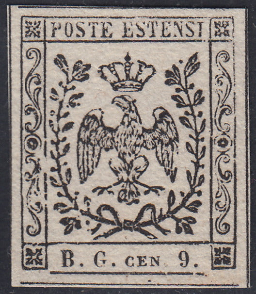 MOD102 - 1854 - Aquila estense, francobollo per giornali b.g. cen.9 lettere piccole prova su carta bianca porosa nuova non gommata (P34)