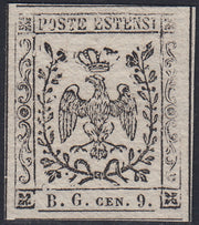 MOD105 - 1854 - Aquila estense, francobollo per giornali b.g. cen.9 lettere piccole prova su carta bianca porosa nuova non gommata (P34)