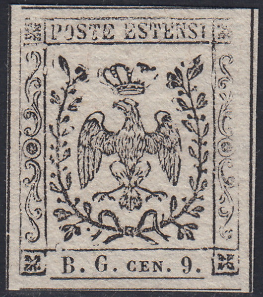 MOD105 - 1854 - Aquila estense, francobollo per giornali b.g. cen.9 lettere piccole prova su carta bianca porosa nuova non gommata (P34)