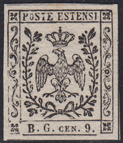 MOD110 - 1854 - Aquila estense, francobollo per giornali b.g. cen.9 lettere piccole prova su carta bianca porosa nuova non gommata (P34)